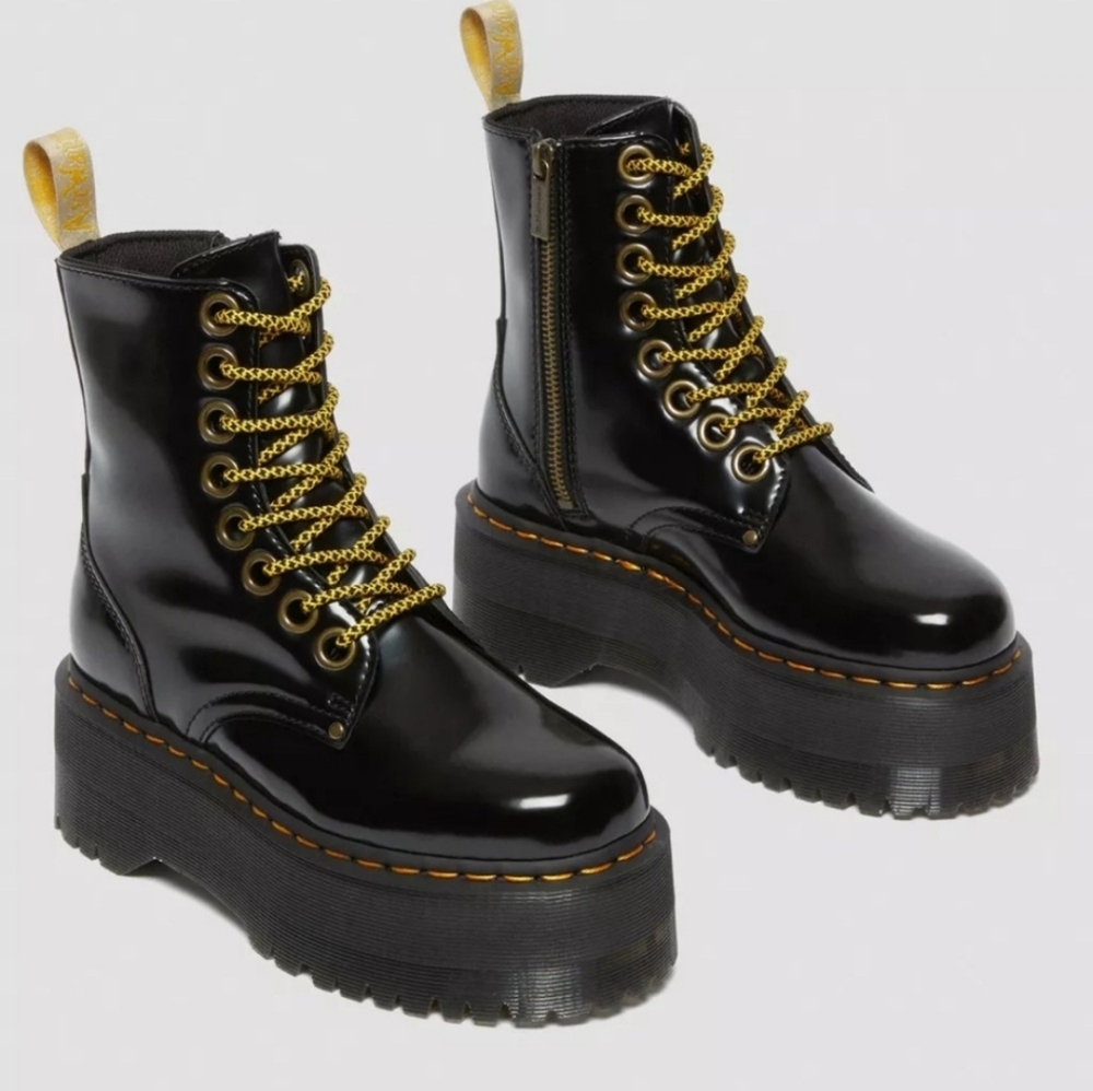 Dr. Martens Black Patent Platform Combat Boots with Gold Accents